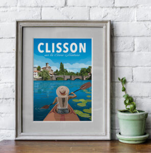 illustration clisson canoe kayak sevre nantaise souvenir loire atlantique affiche poster en vente a clisson
