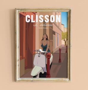 Vente illustration clisson italienne vespa rue des remouleurs souvenir loire atlantique affiche poster